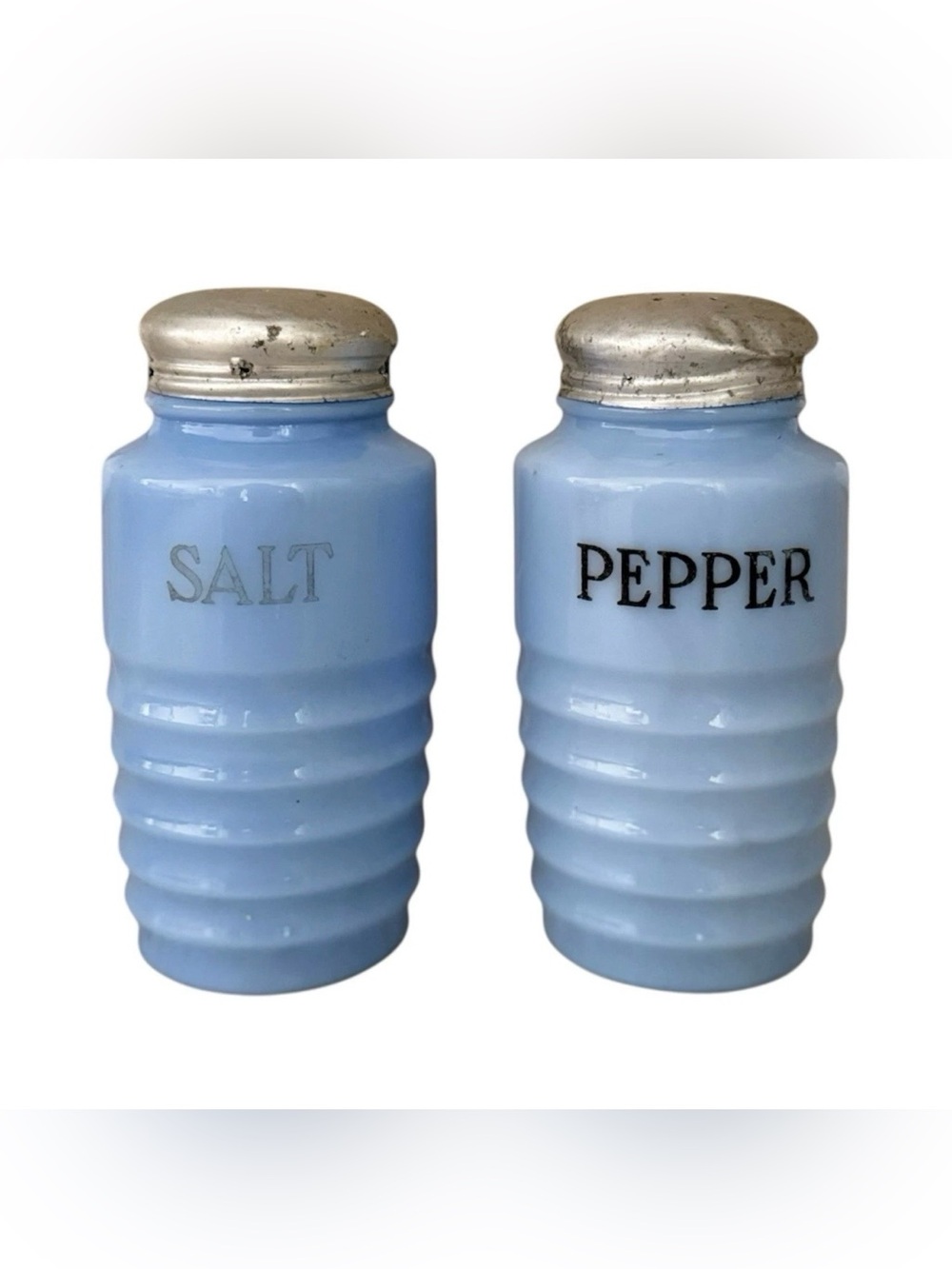 Vintage 1930s Jeanette Delphite Blue Milk Glass Beehive Salt & Pepper Shakers
